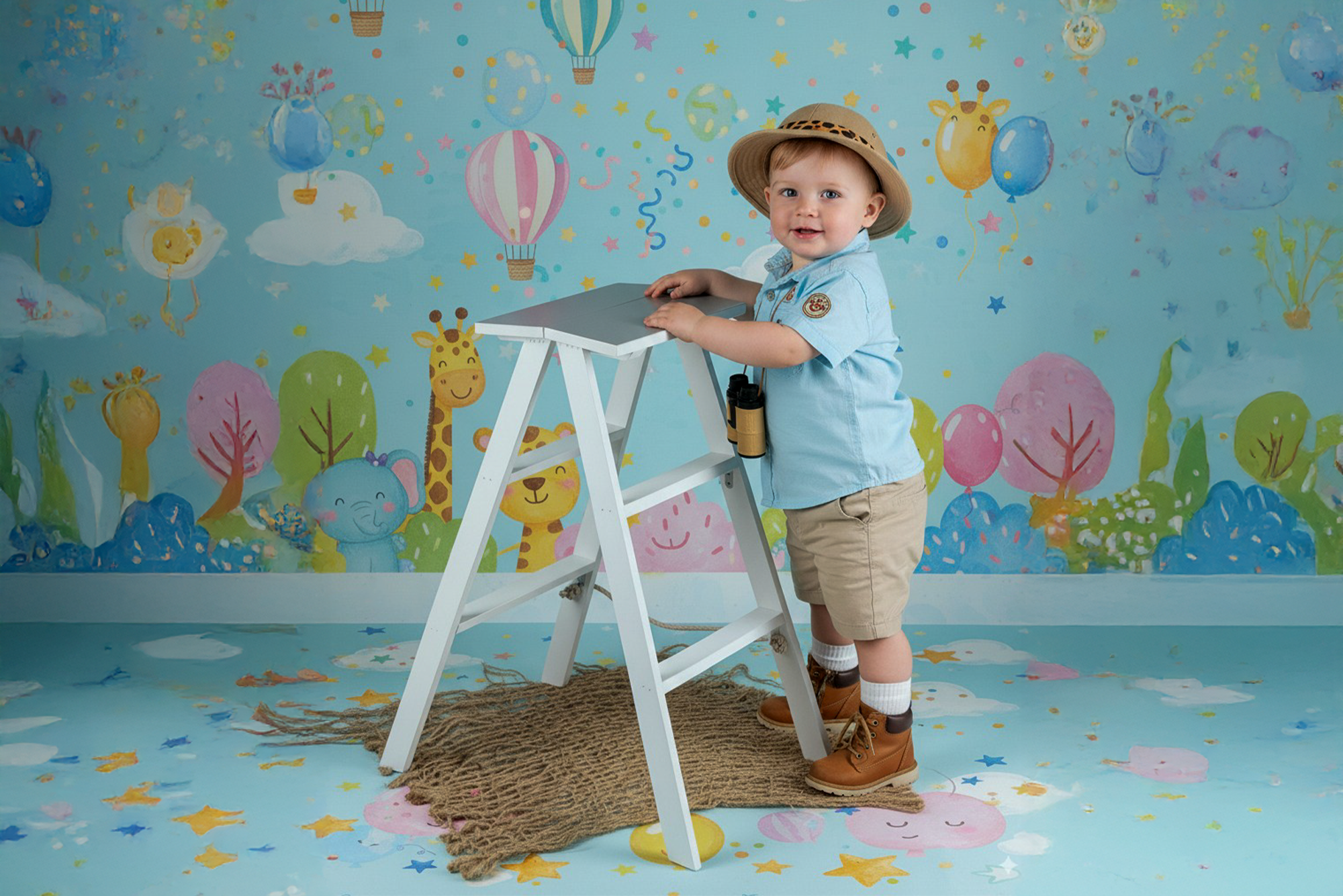 Toddler explorer posing with white wooden ladder on jute rug, a playful newborn photography prop setup.