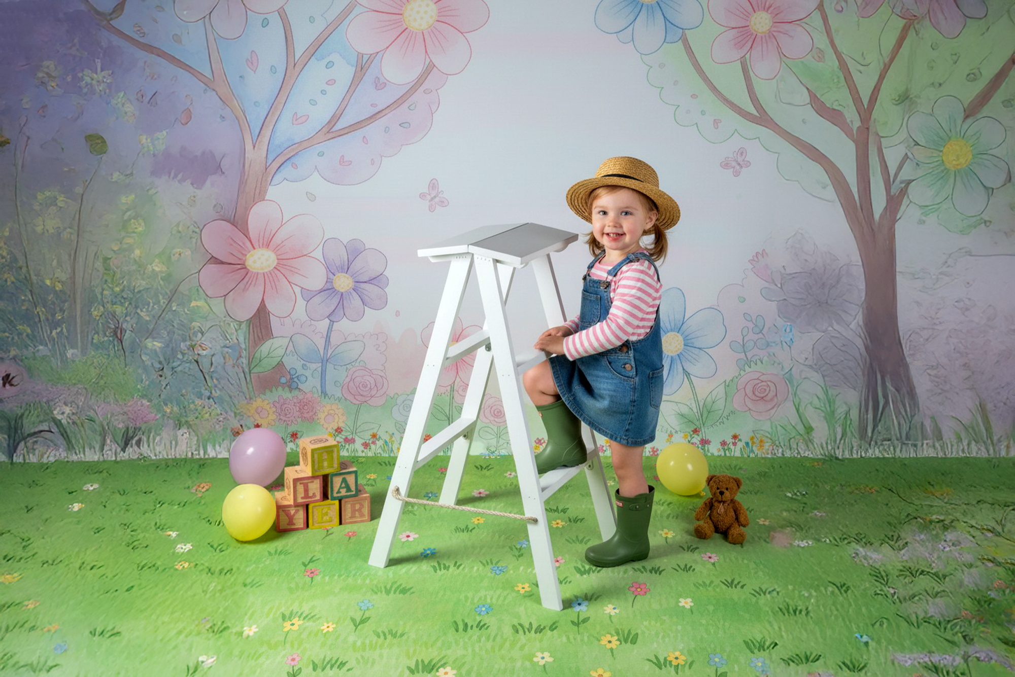 Smiling toddler poses on white step ladder, a charming newborn photography prop in a floral spring setup.
