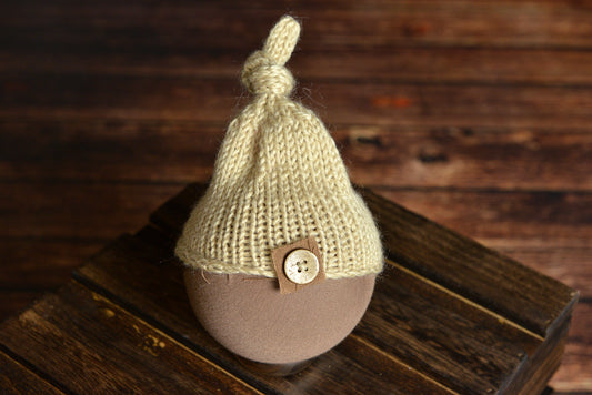 Crochet Hat with Knot and Button - Beige-Newborn Photography Props