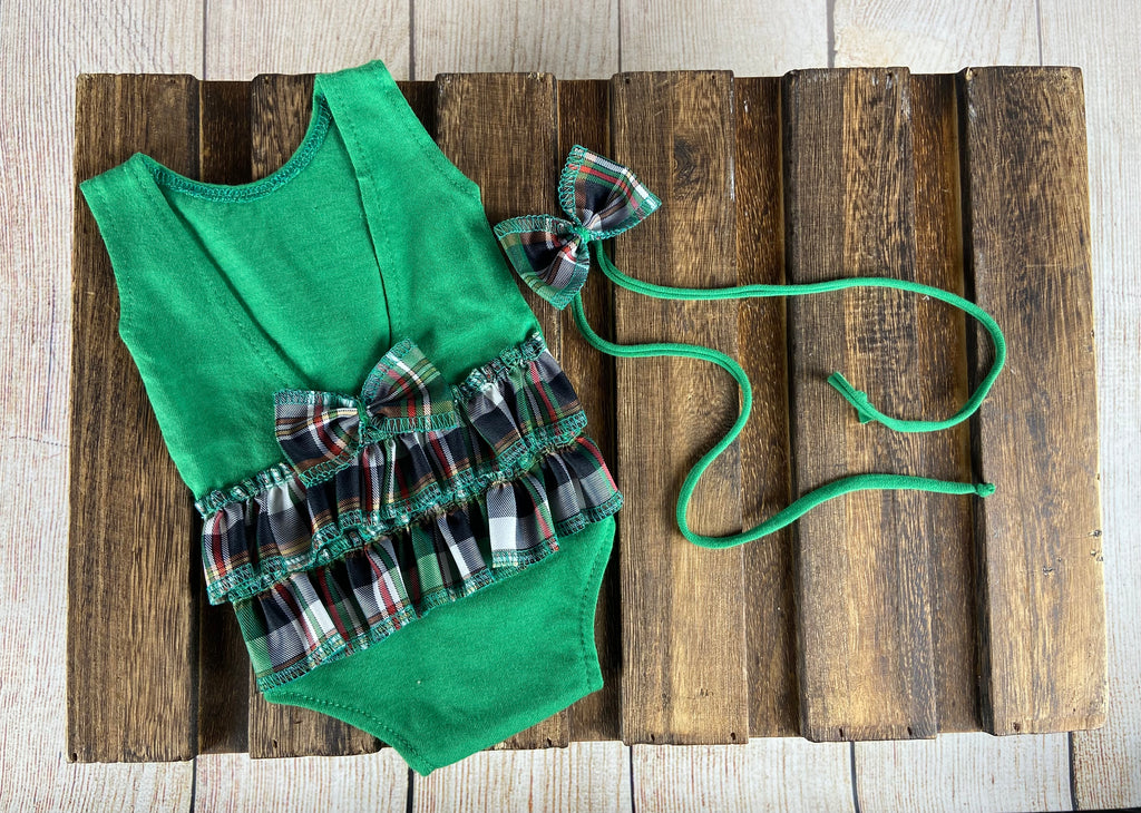 SET Christmas Bodysuit and HeadBow- Plaid Green