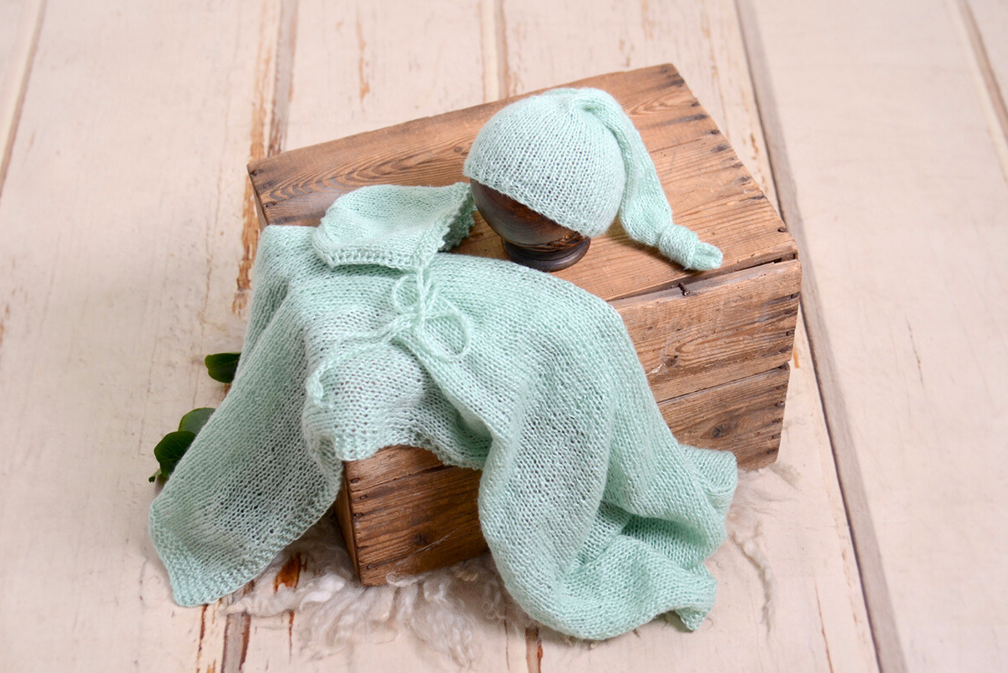 SET Mohair Knit Baby Wrap, Bonnet and Sleeping Hat - Sage