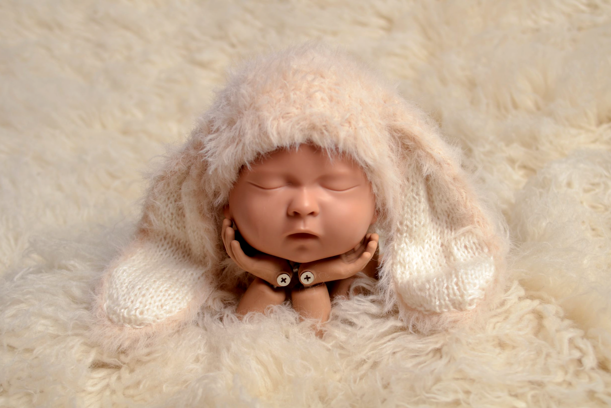 Beige fluffy newborn bunny hat prop on wooden backdrop, ideal for professional baby photographers.