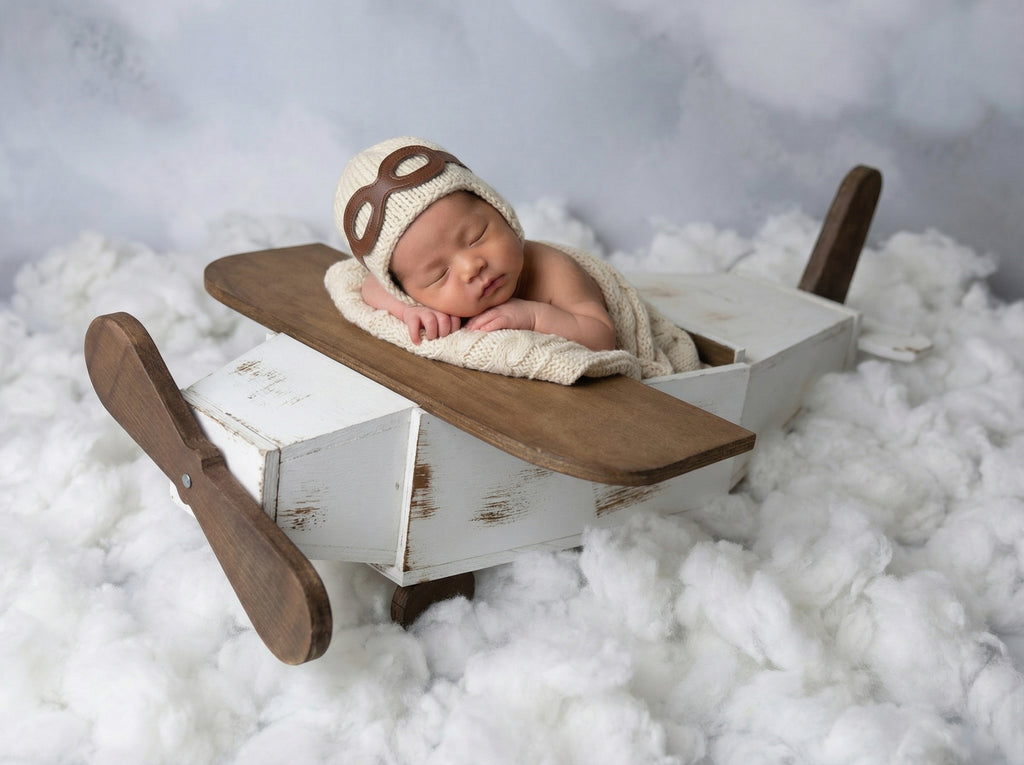 Newborn baby in a wooden airplane prop. Vintage Airplane Newborn Photography Prop