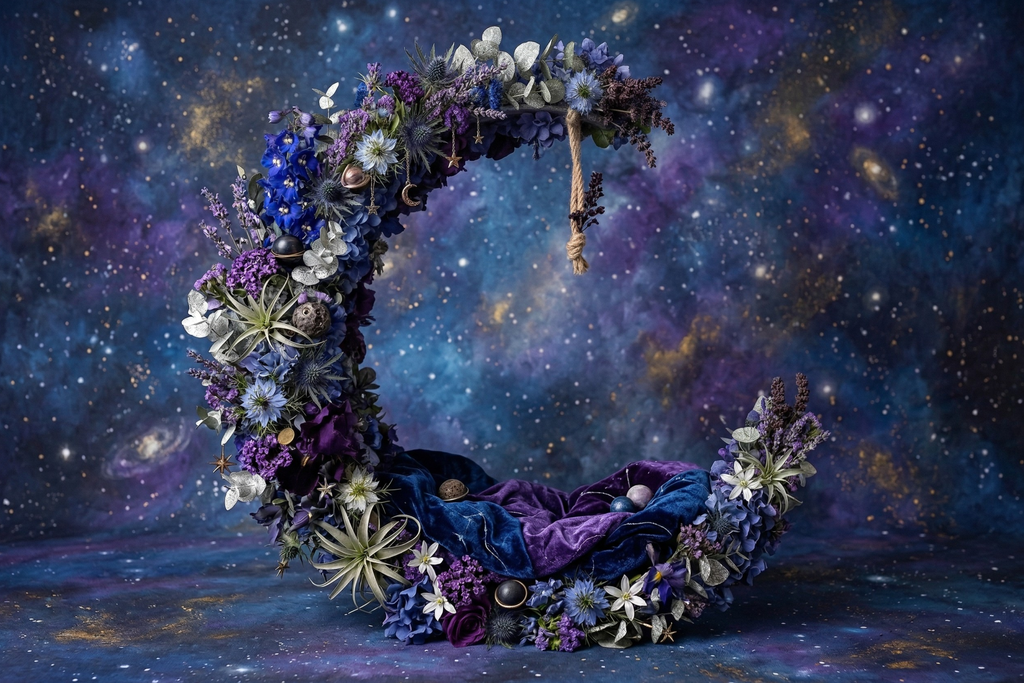 newborn photography prop floral crescent moon base with velvet nest on starry galaxy backdrop