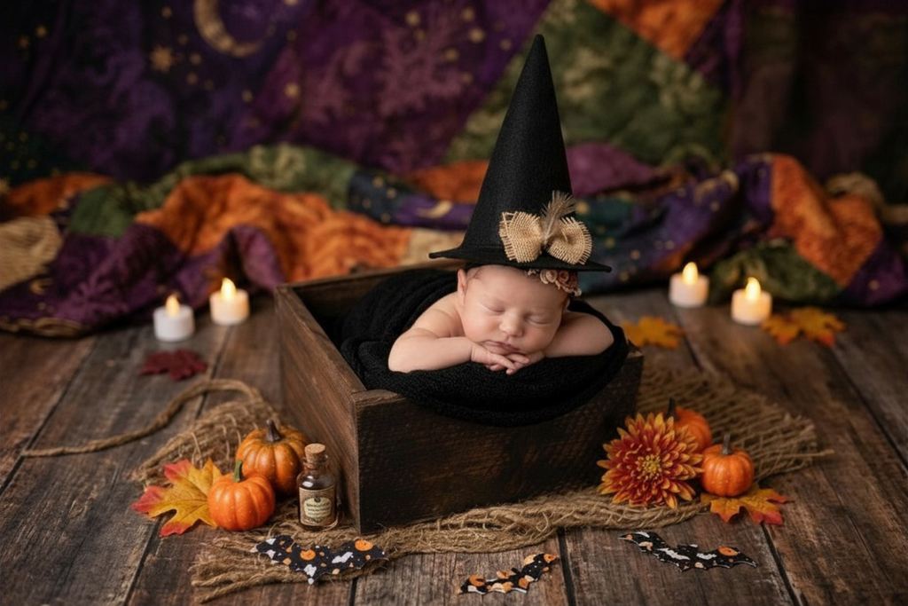 Newborn baby in a witch hat surrounded by Halloween decorations on a wooden floor.