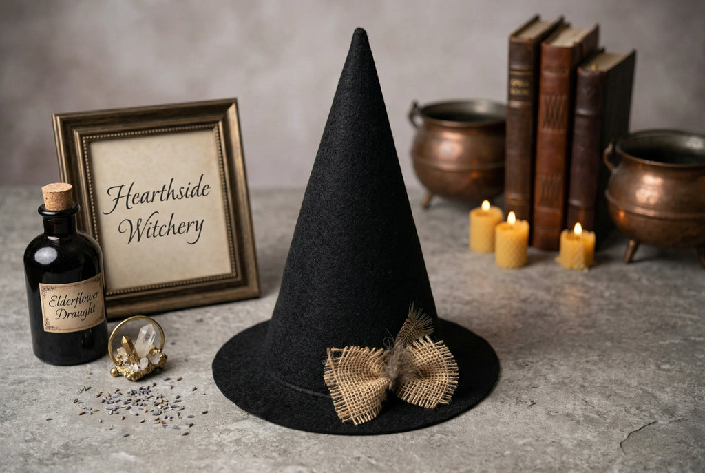Black witch hat with burlap bows on a table with candles, books, and potion bottles.