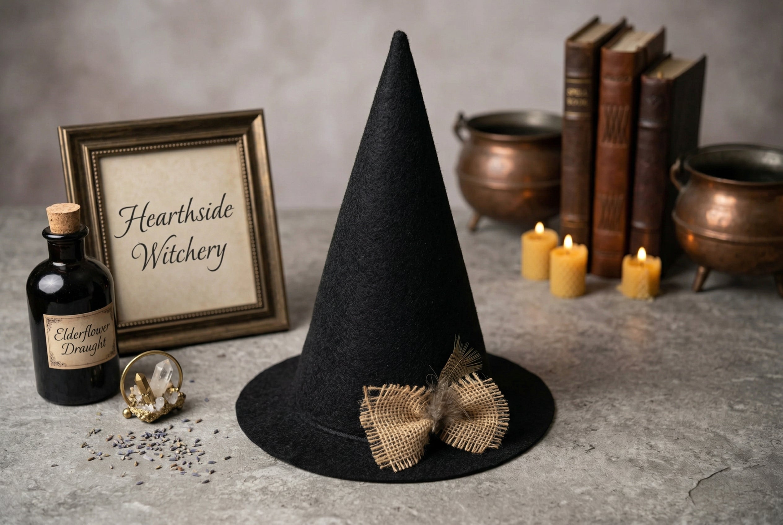 Black witch hat with burlap bows on a table with candles, books, and potion bottles.