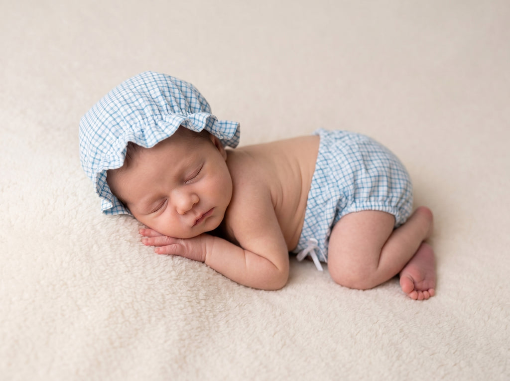 Newborn baby wearing a blue checkered bonnet and diaper newborn photography
