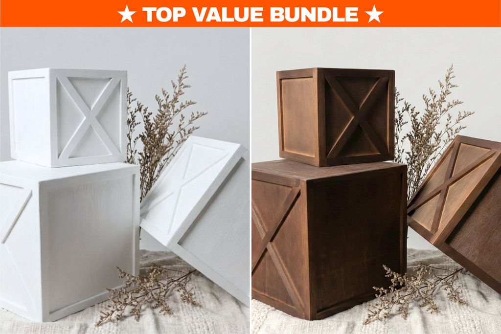 White and brown cake smash boxes styled together as a newborn photography props, rustic wood tones with soft neutral backdrop. Milestone session props.