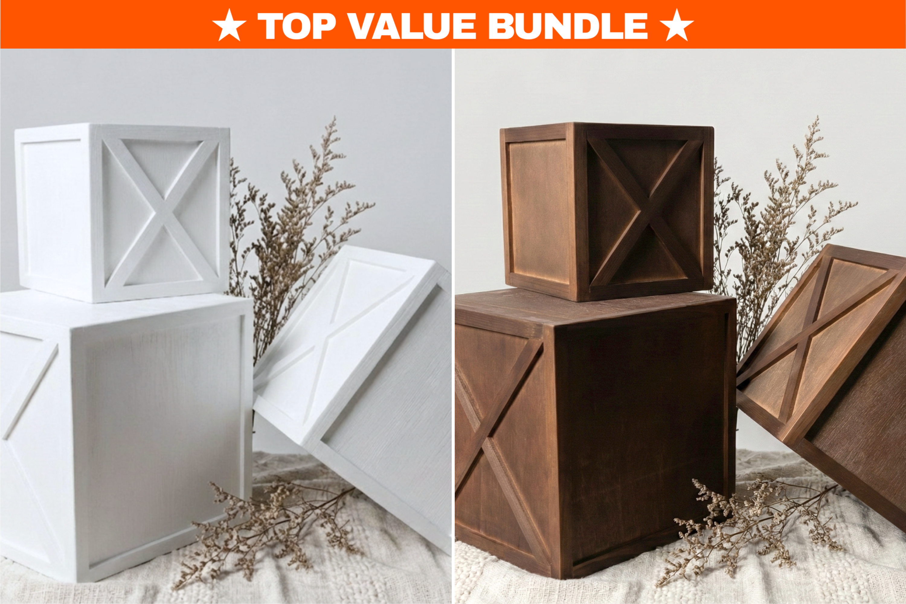 White and brown cake smash boxes styled together as a newborn photography props, rustic wood tones with soft neutral backdrop. Milestone session props.