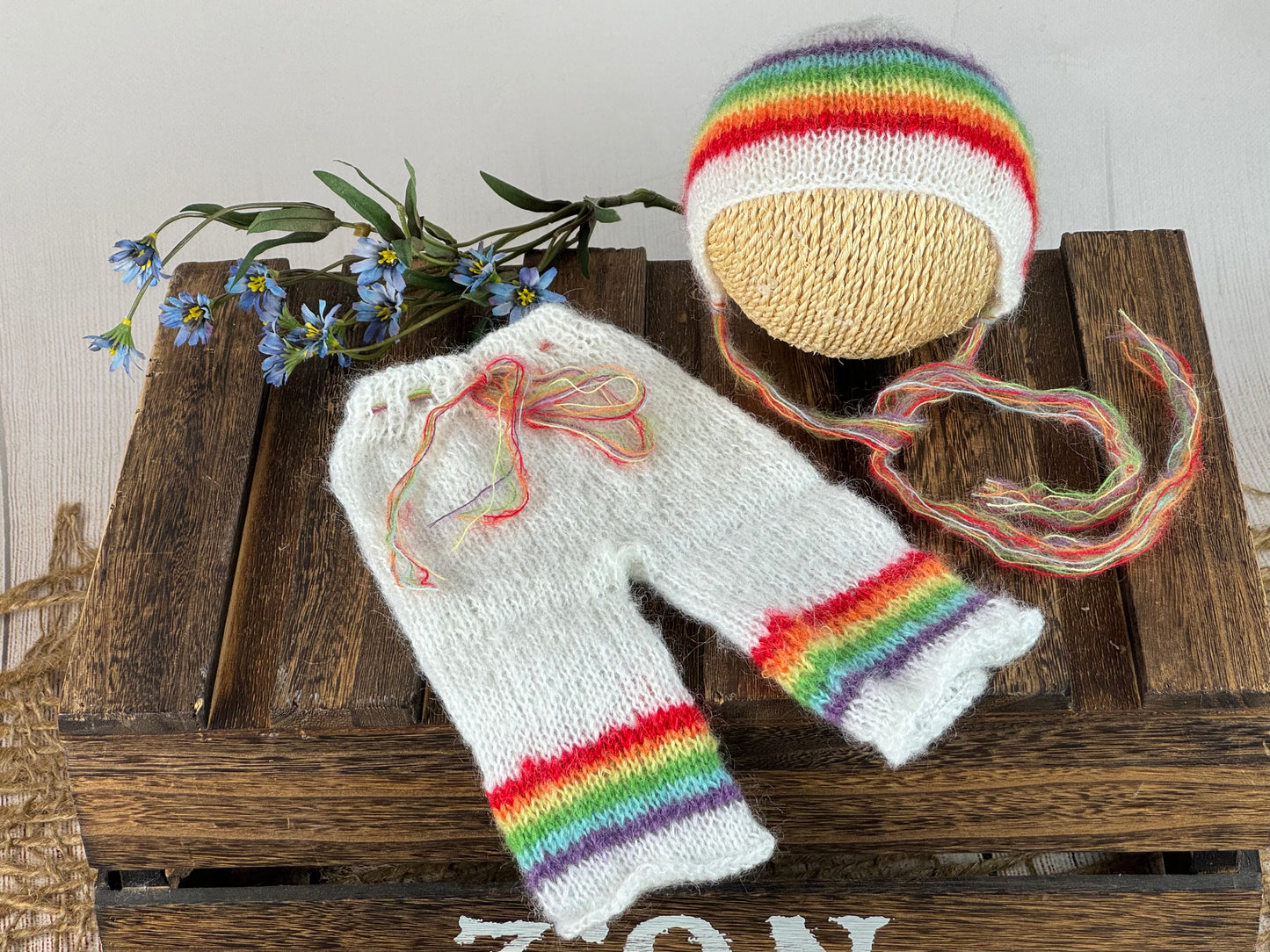 SET Mohair Pants, Headband and Adjustable Bonnet - Rainbow Vibrant