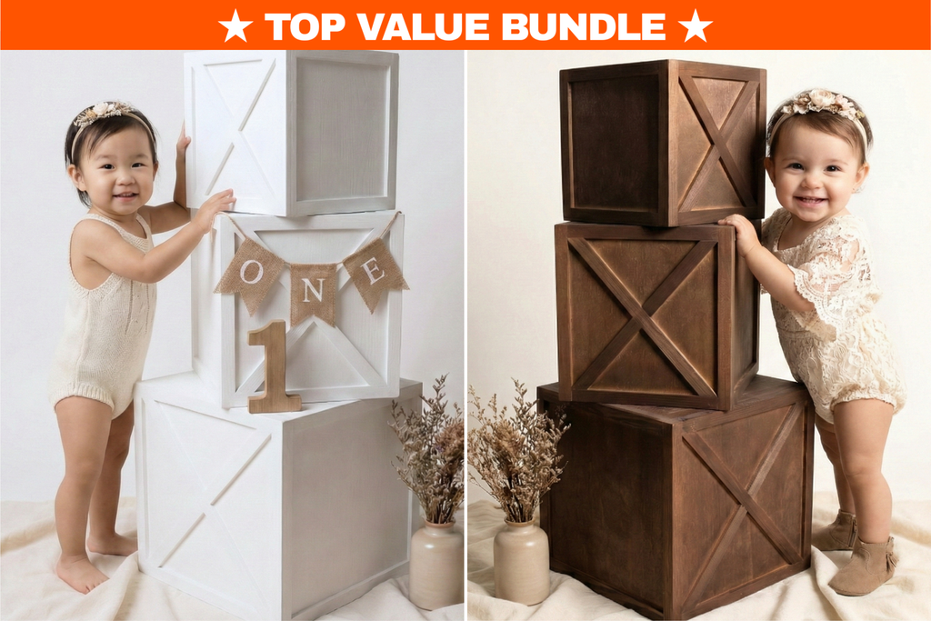 Milestone session with toddlers standing beside stacked white and brown cake smash boxes, a versatile newborn photography prop cube bundle for milestone.