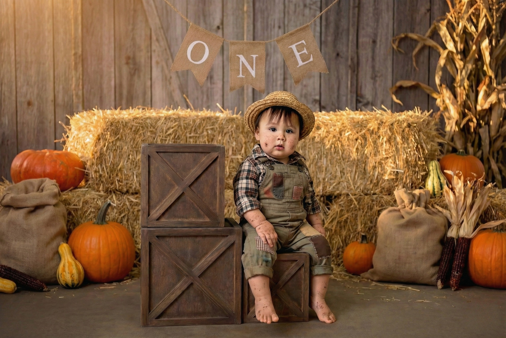 Brown wooden cake smash boxes set of 3 used as newborn photography prop in rustic fall farm setup brown