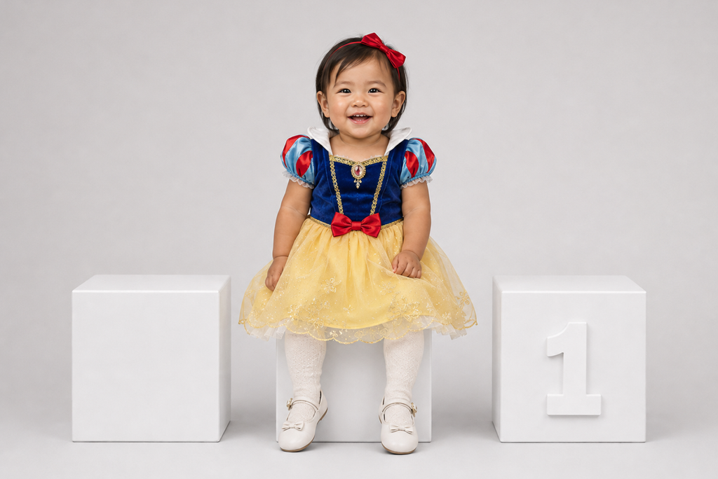 A girl wearing a Snow White costume sits centered on a white box, with two white blocks on either side. Cake Smash Boxes for Snow White theme photoshoot