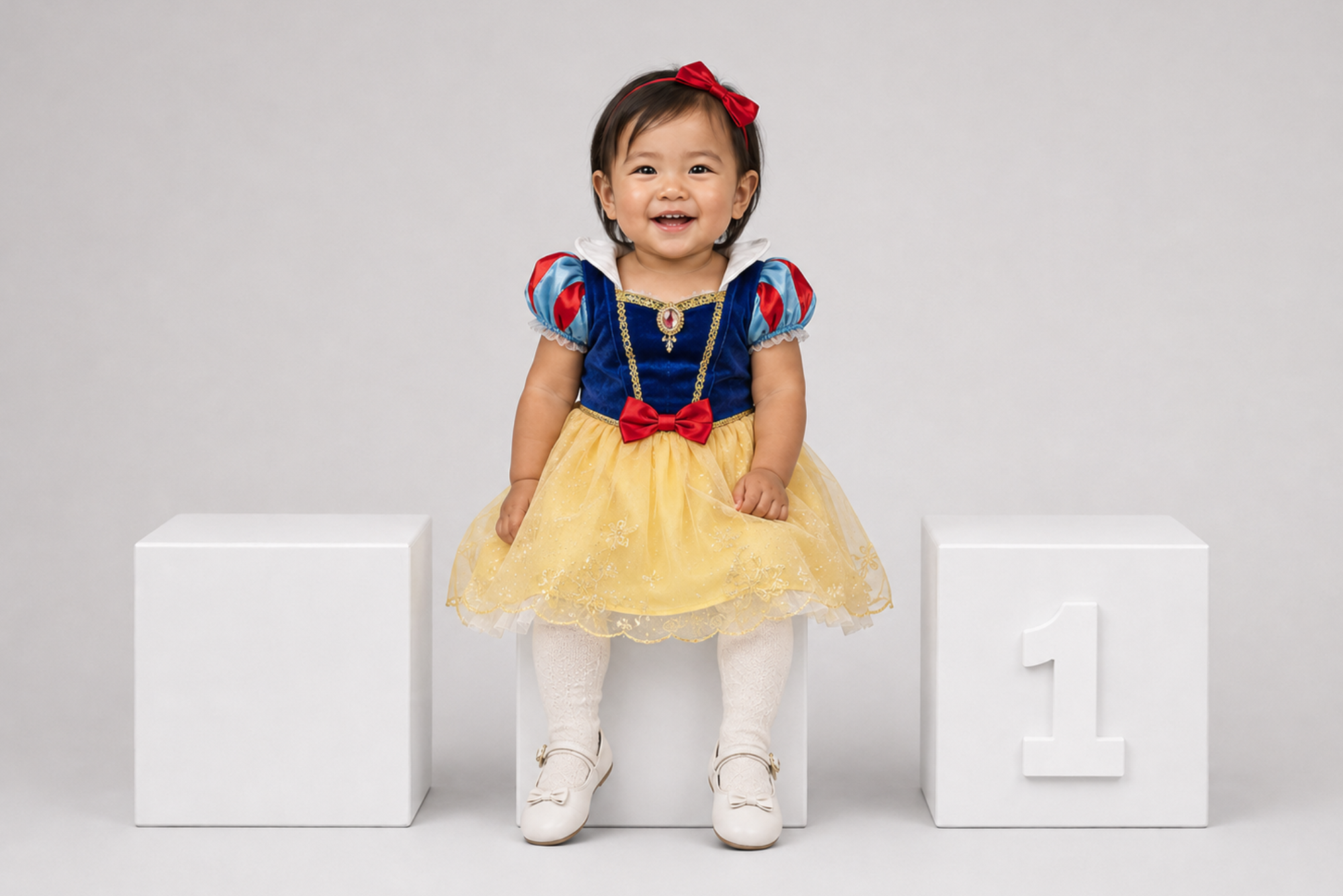 A girl wearing a Snow White costume sits centered on a white box, with two white blocks on either side. Cake Smash Boxes for Snow White theme photoshoot
