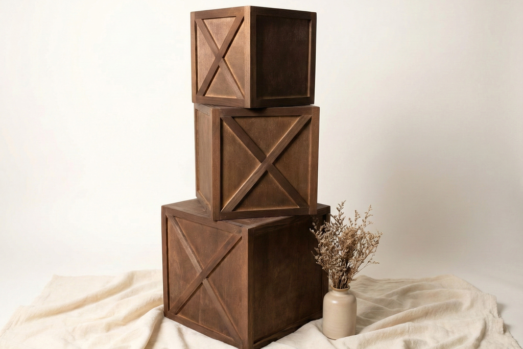 Stack of wooden crates boxes ideal for cake smash sessions for milestones photoshoot