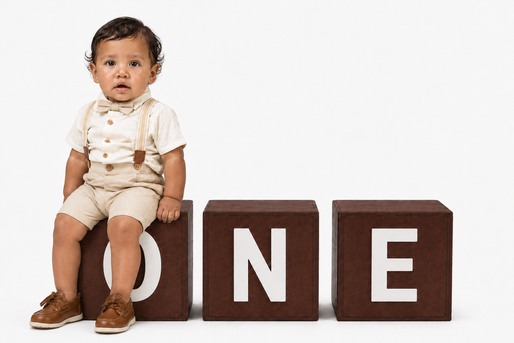 A baby boy sits on a large brown block letter 'O', with two more brown blocks spelling 'ONE' beside him. Cake Smash Photography session