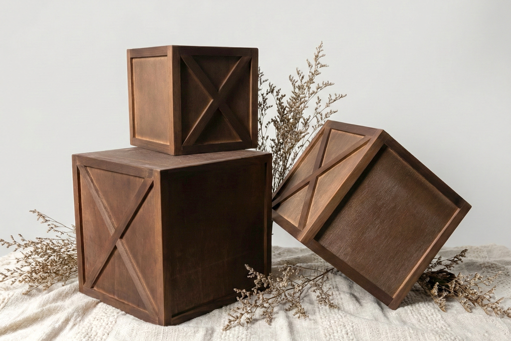Three brown wooden cake smash boxes. Ideal for milestone sessions.