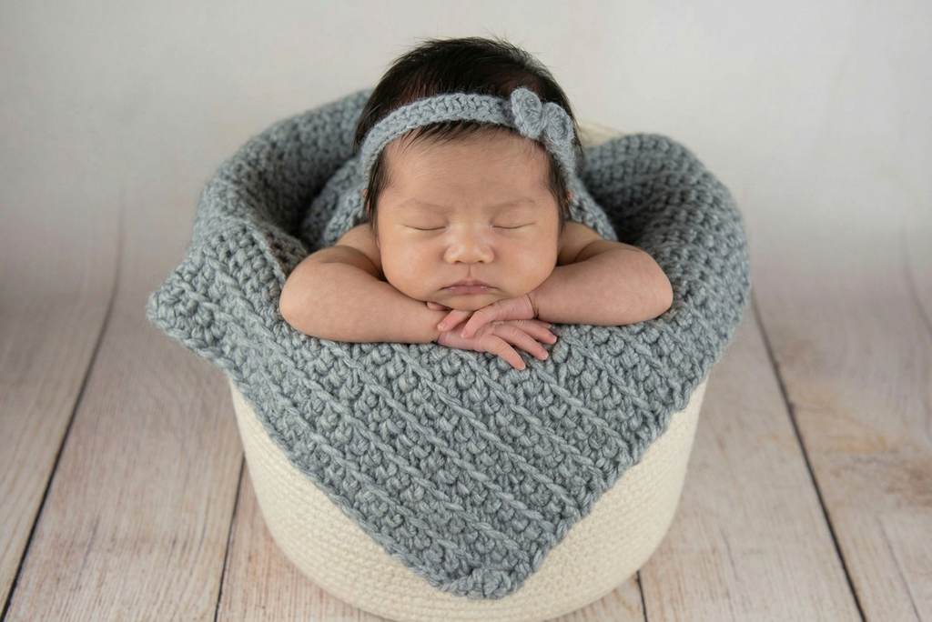 Newborn baby sleeping on a textured gray layer in a newborn photography setup