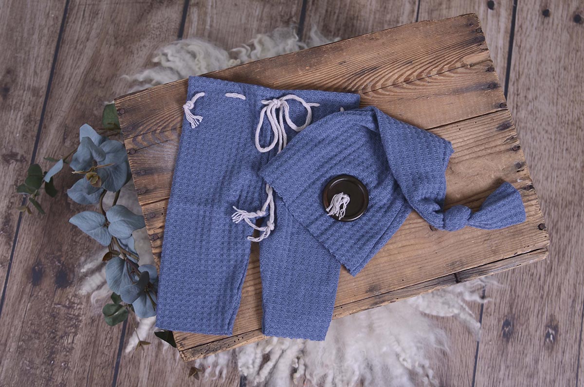 Waffle Weave Knit Pants & Hat - Light Blue