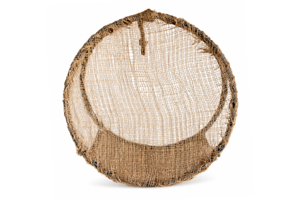 Back-view of a circular woven basket Round Rustic Swing made from natural jute rope, burlap fabric, and metal frame. Newborn photography prop.