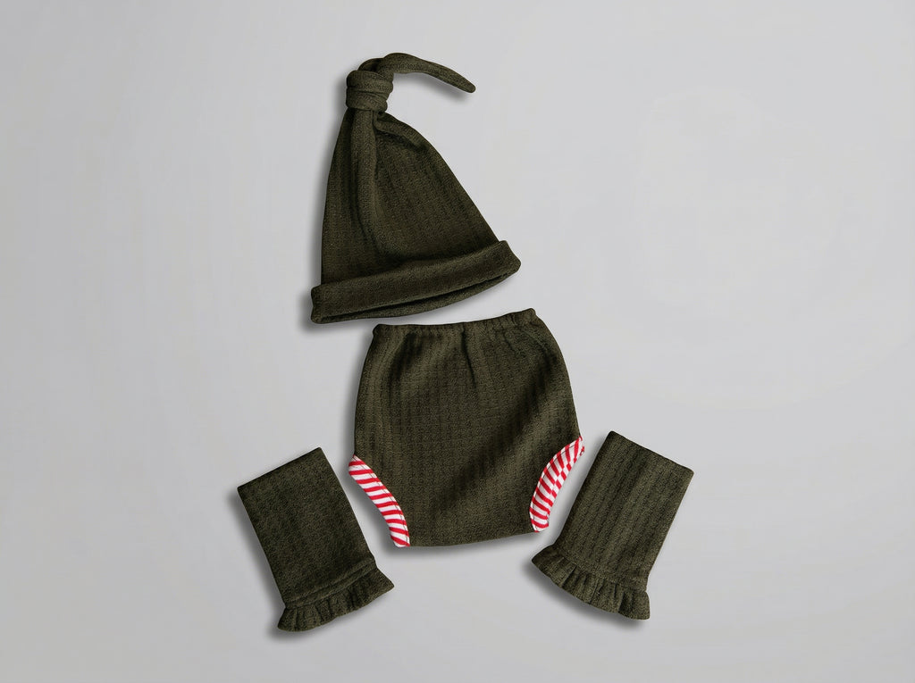 Green Elf baby outfit with hat, diaper cover, and leg warmers for newborn and baby photography