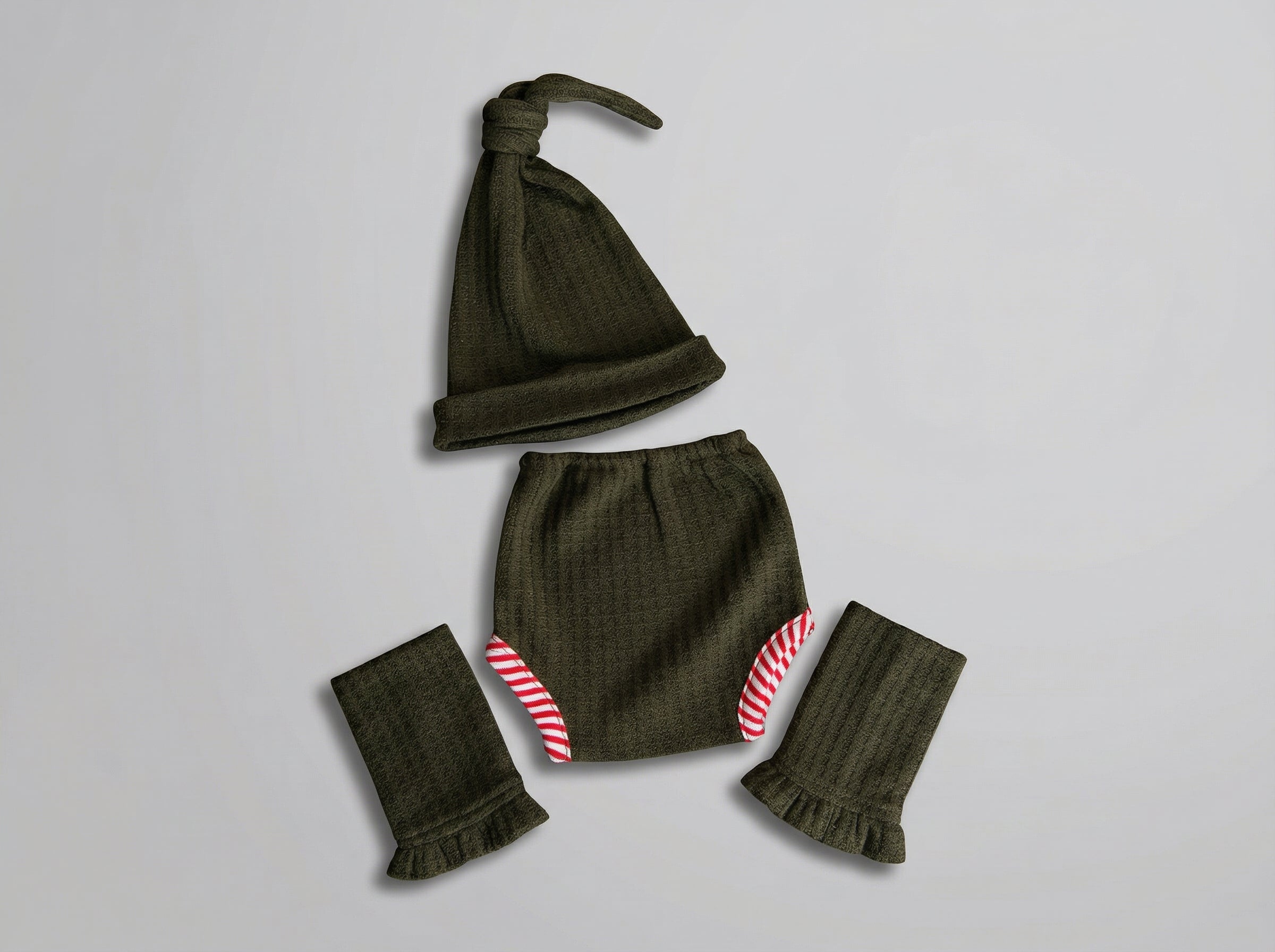 Green Elf baby outfit with hat, diaper cover, and leg warmers for newborn and baby photography