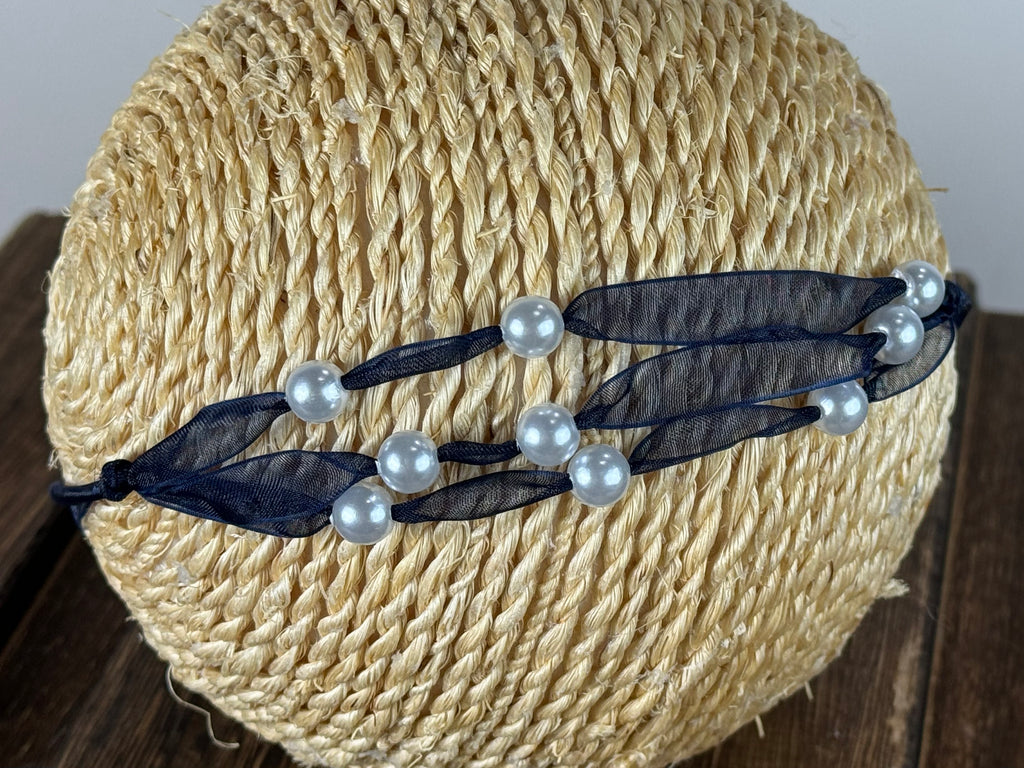 Beaded Ribbon Headband - Navy Blue