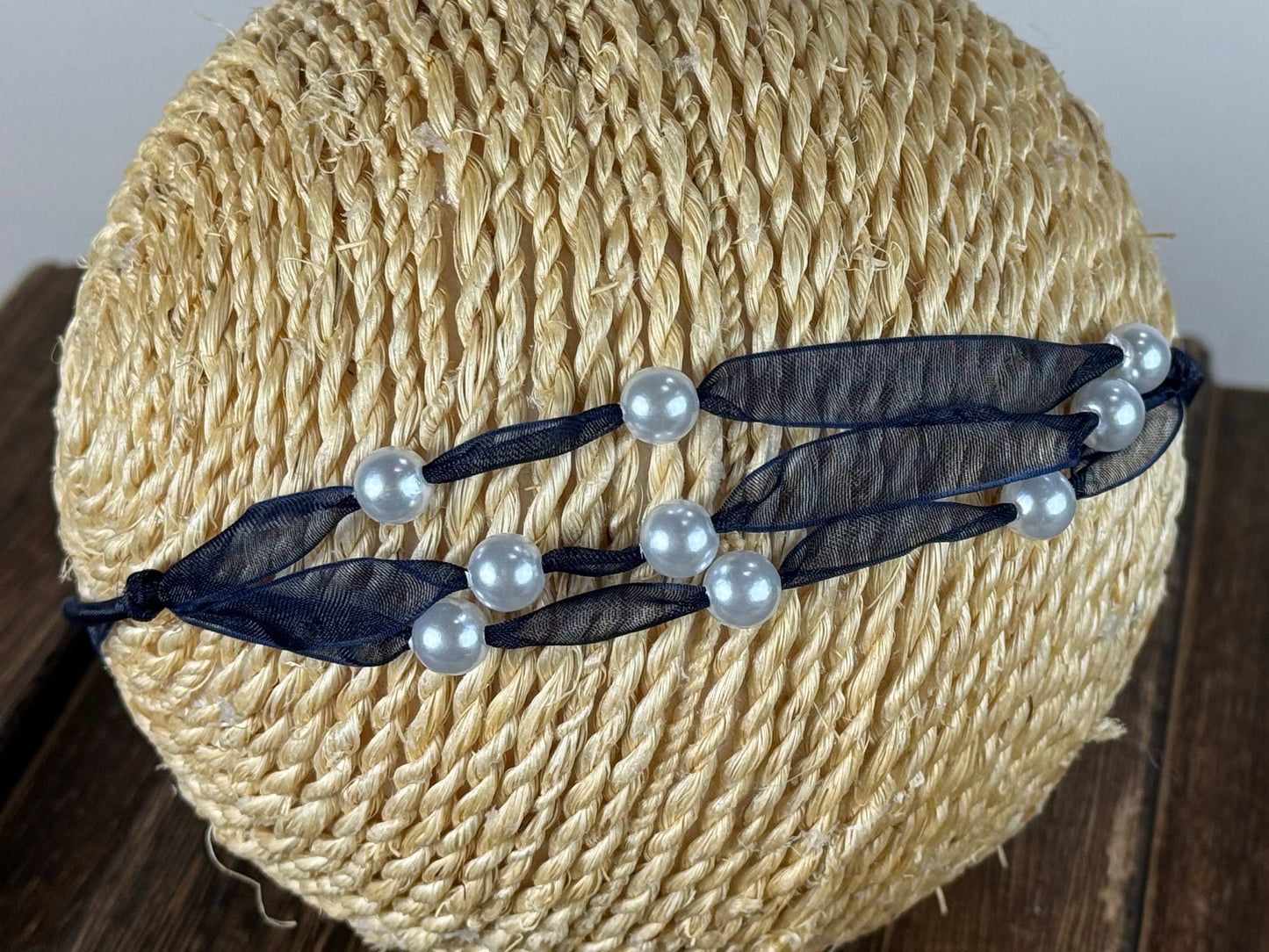 Beaded Ribbon Headband - Navy Blue