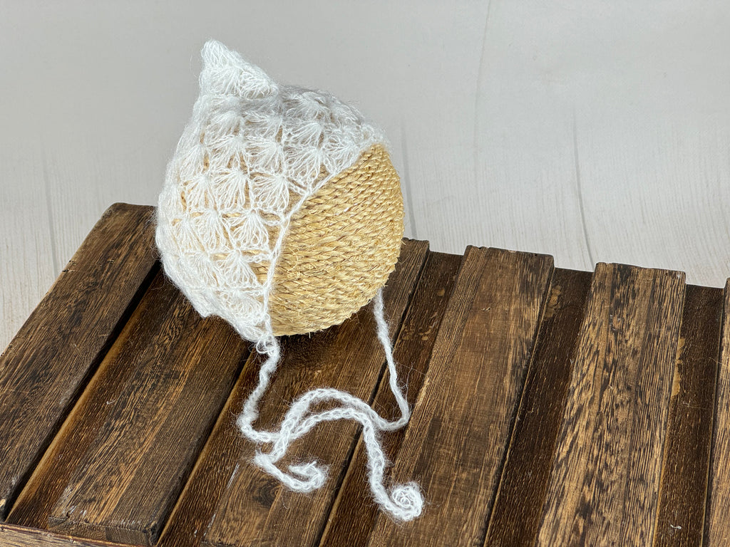 Ornate Pointy Mohair Bonnet - Milk White