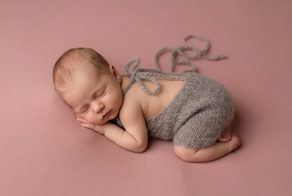 Newborn baby in gray knitted outfit lying on a pink background