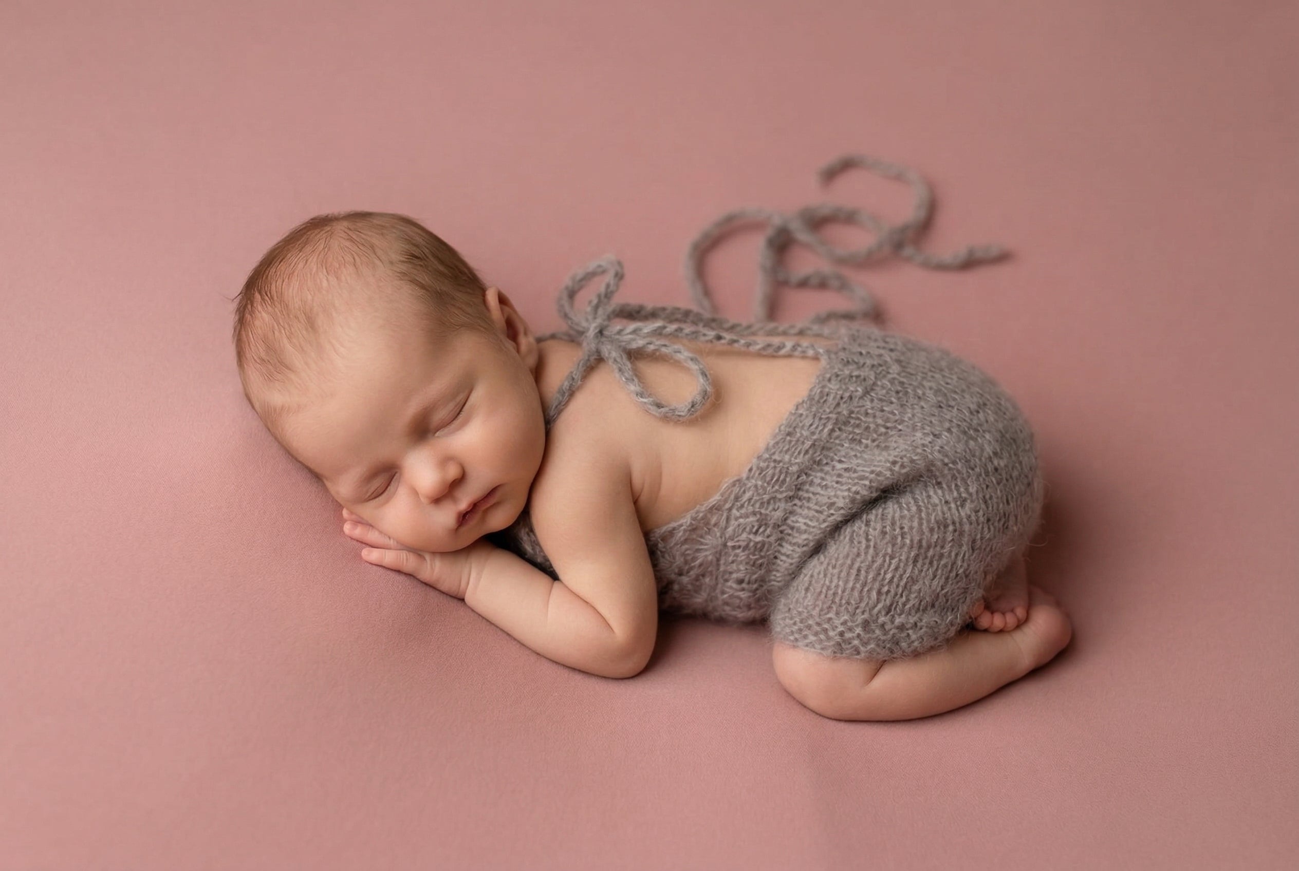 Newborn baby in gray knitted outfit lying on a pink background