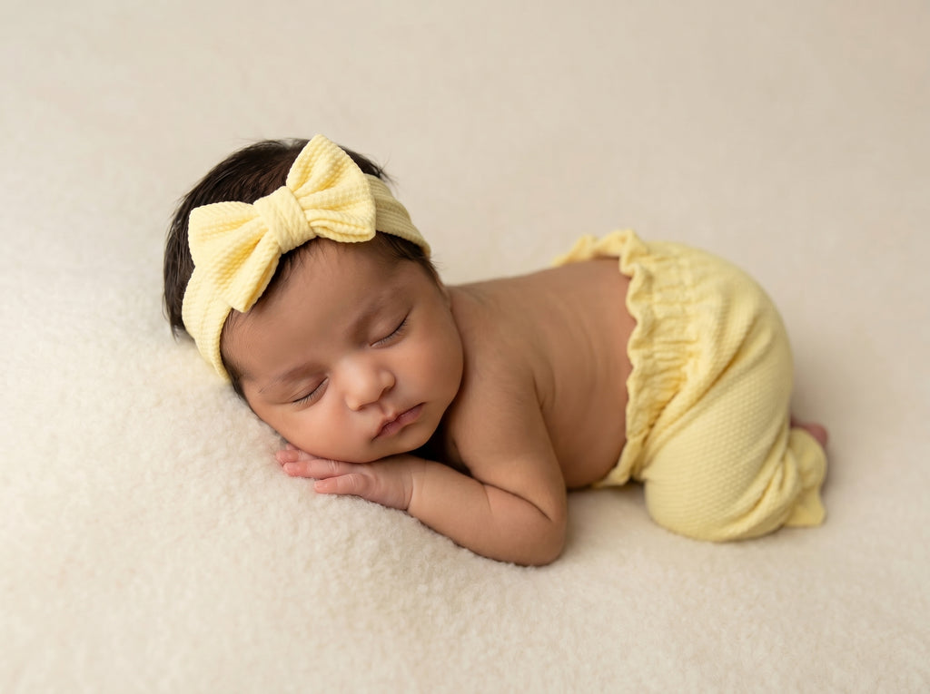 Newborn baby wearing a yellow outfit and headband on a beige background