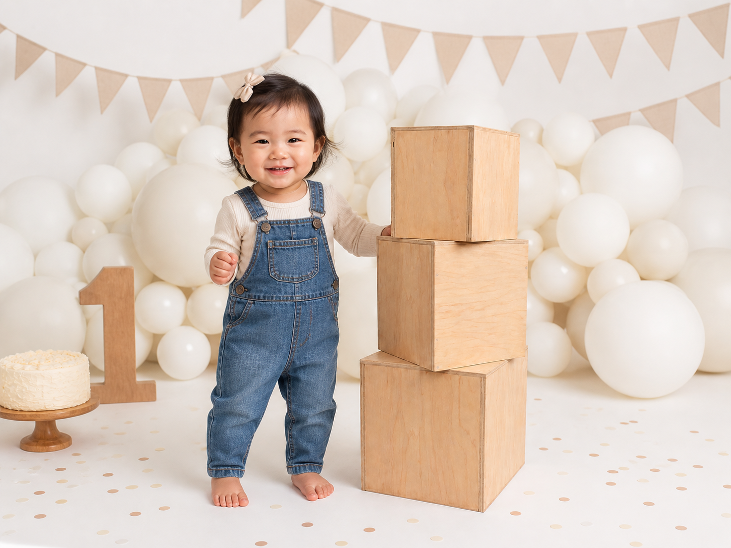 Child in denim overalls standing next to wooden blocks with a birthday cake and balloons. Props for milestone session