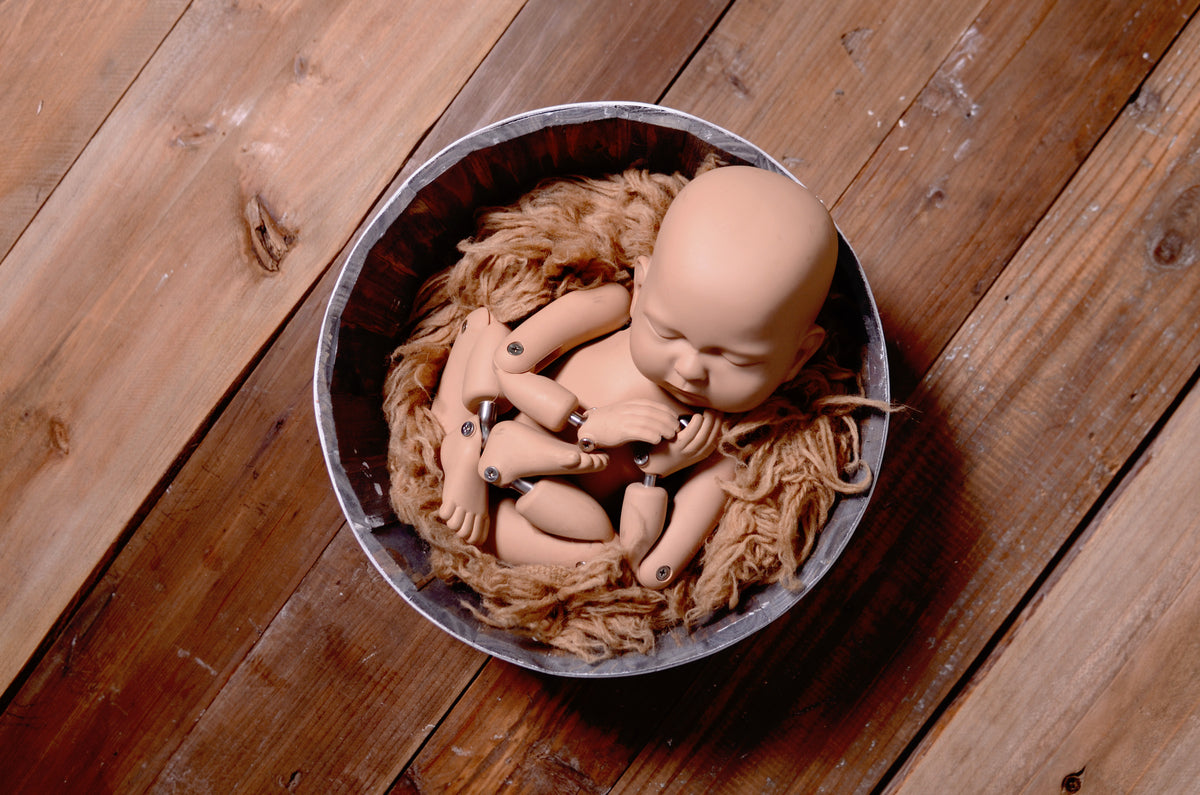 Newborn baby posed in a wool-lined bowl, highlighting a brown wooden floor as a newborn photography prop.