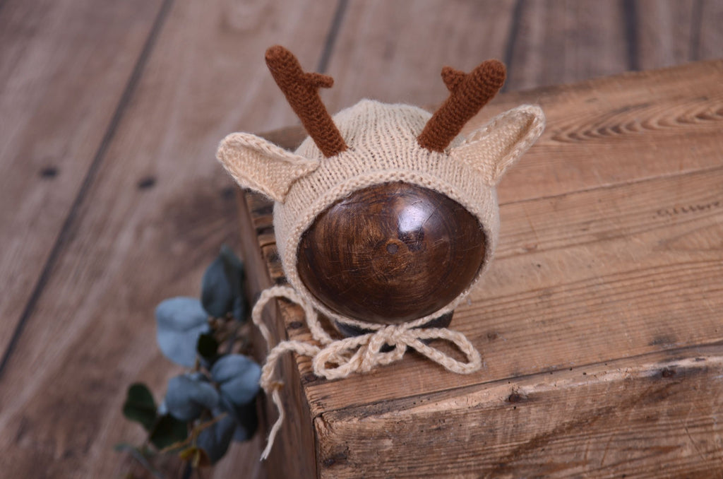 Reindeer Bonnet with Antlers - Beige