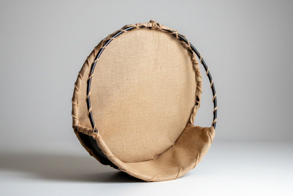 Rustic round swing newborn photography prop with burlap fabric and rope details, perfect for natural setups.