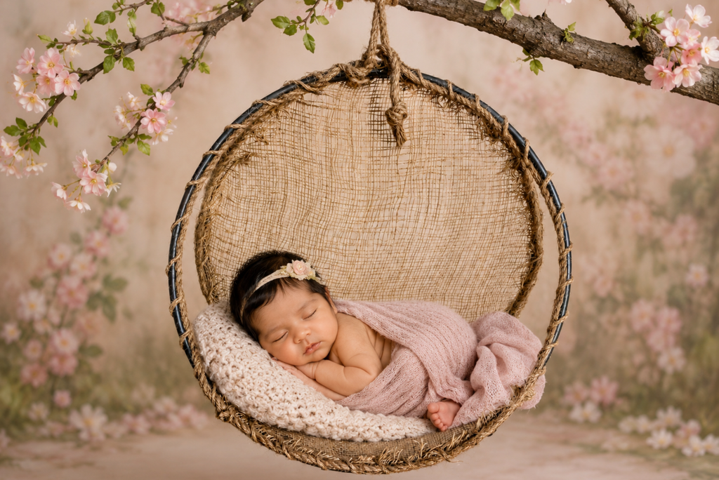 A circular Rustic Swing made from natural jute rope, burlap fabric, and metal frame. Newborn photography prop. Composite hanging hammock