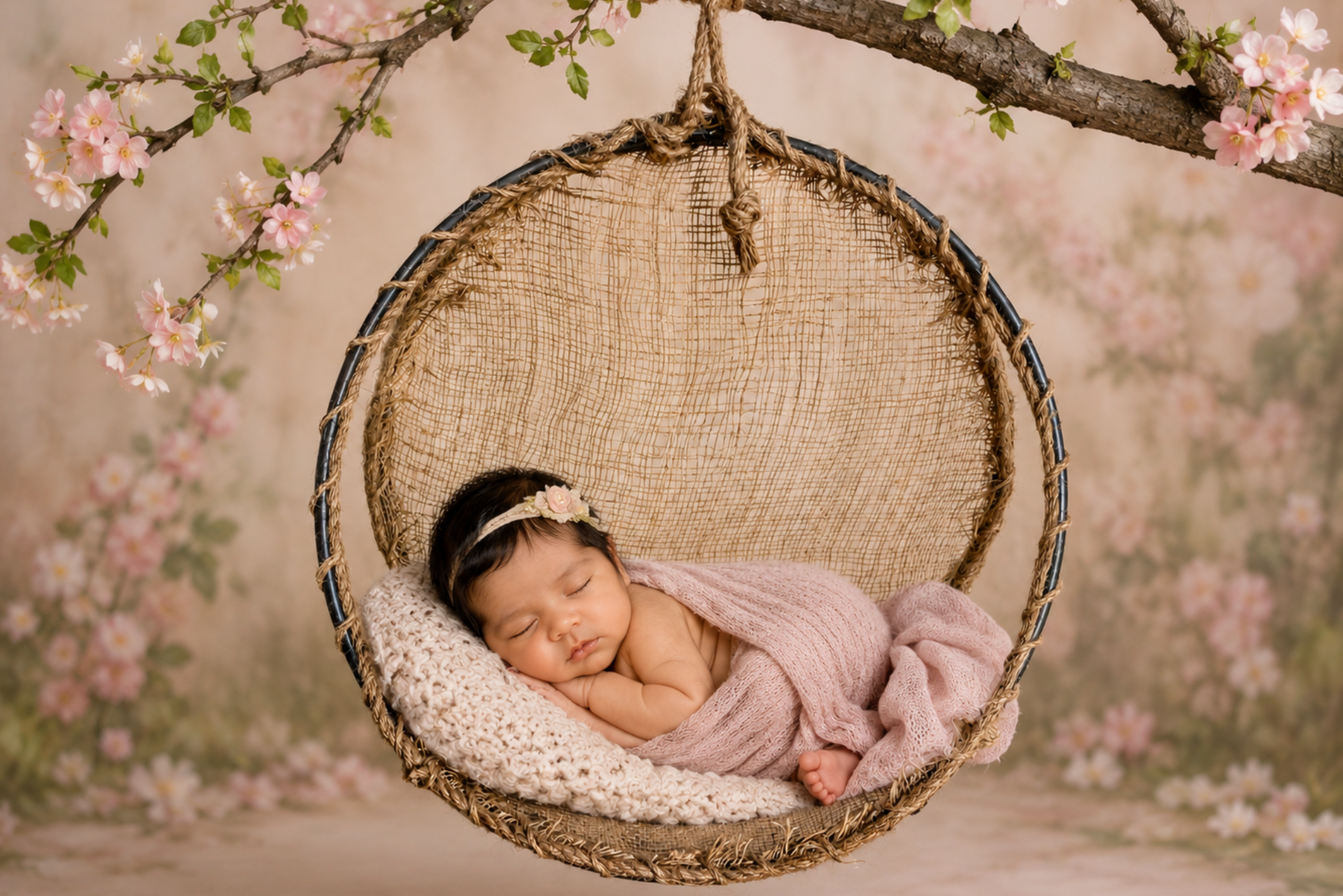 A circular Rustic Swing made from natural jute rope, burlap fabric, and metal frame. Newborn photography prop. Composite hanging hammock