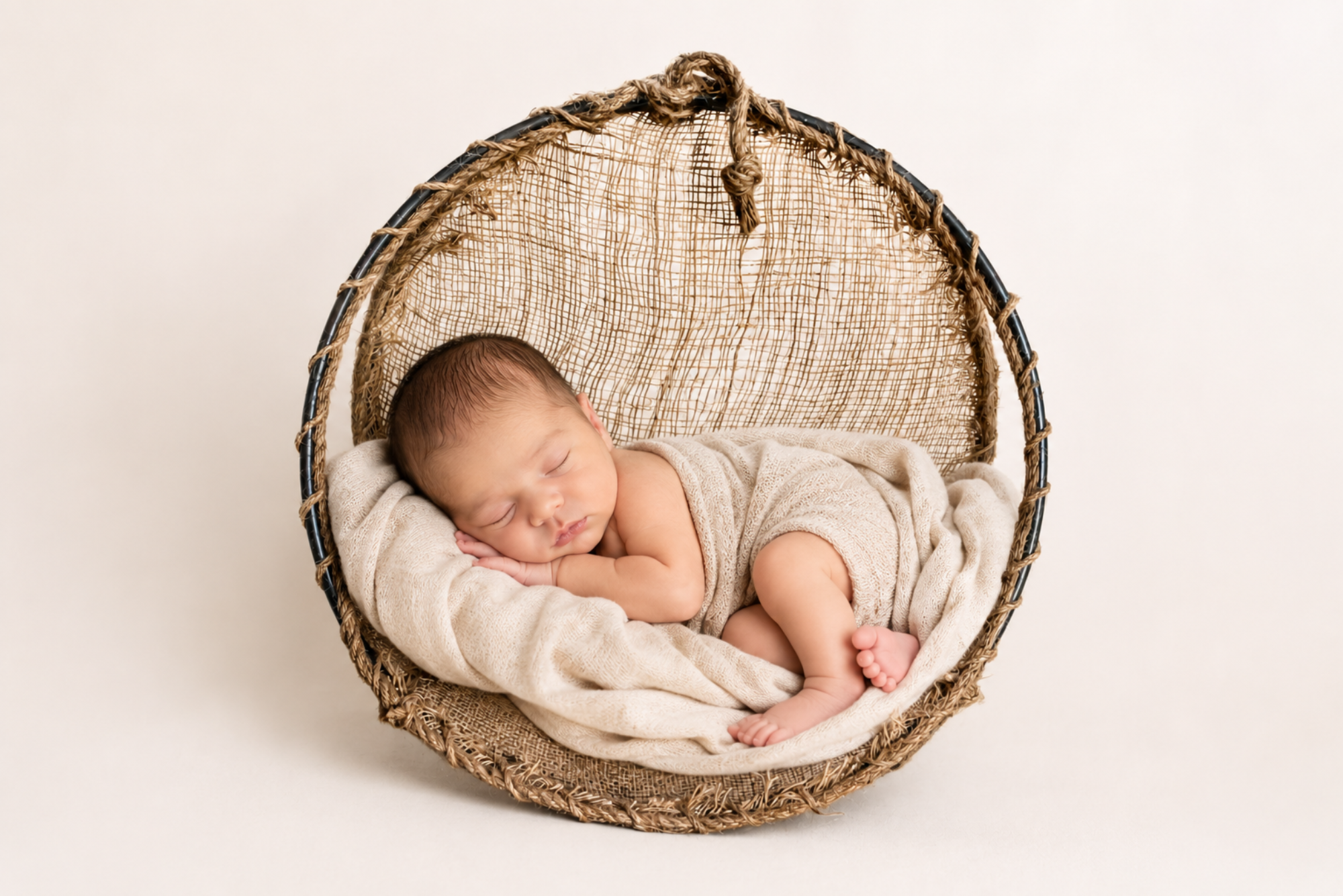 newborn baby wrapped in a beige blanket, resting inside a Round Rustic Swing with a burlap lining, set against a plain off-white background in a baby photoshoot.