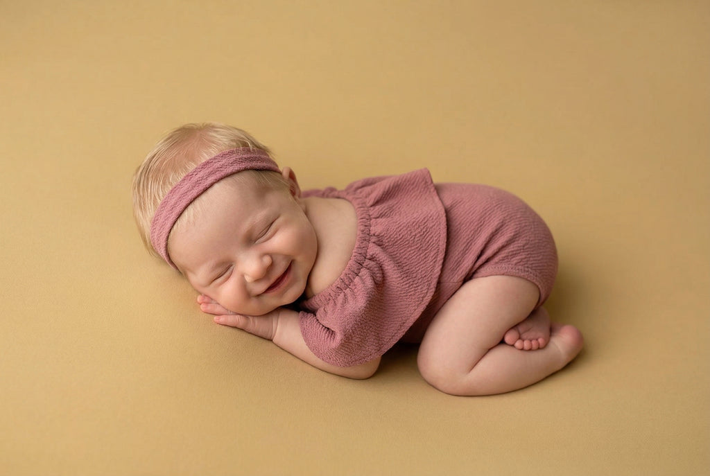 Newborn baby in pink outfit and headband on a beige background
