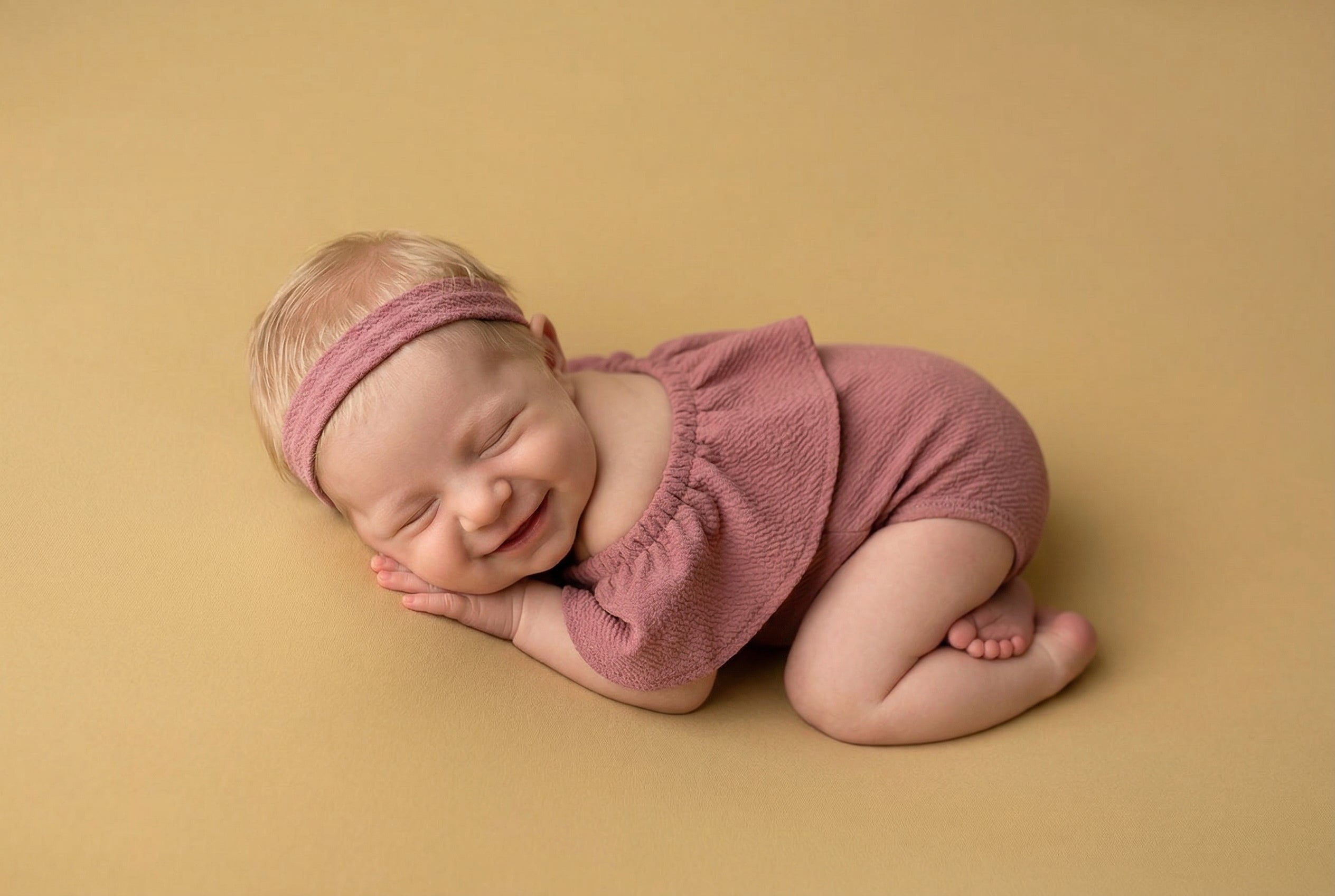 Newborn baby in pink outfit and headband on a beige background