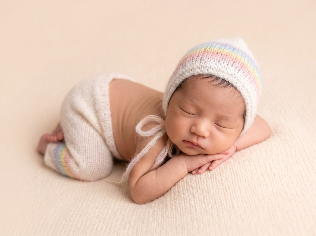Newborn baby in a rainbow-themed outfit and bonnet