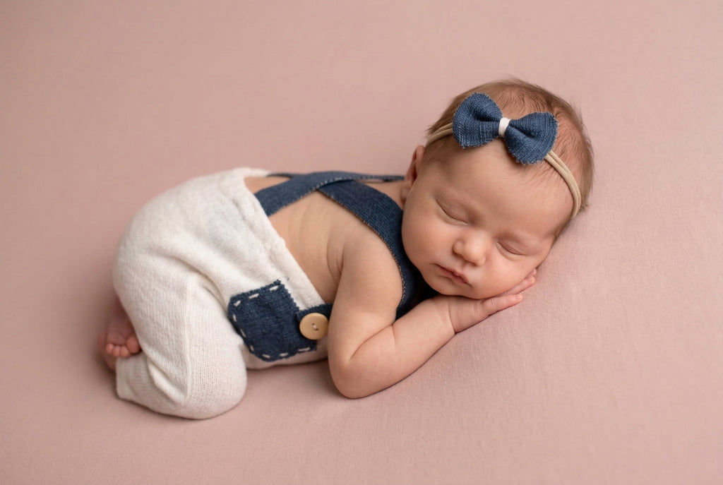 Newborn baby girl wearing a blue outfit and headband on a pink background