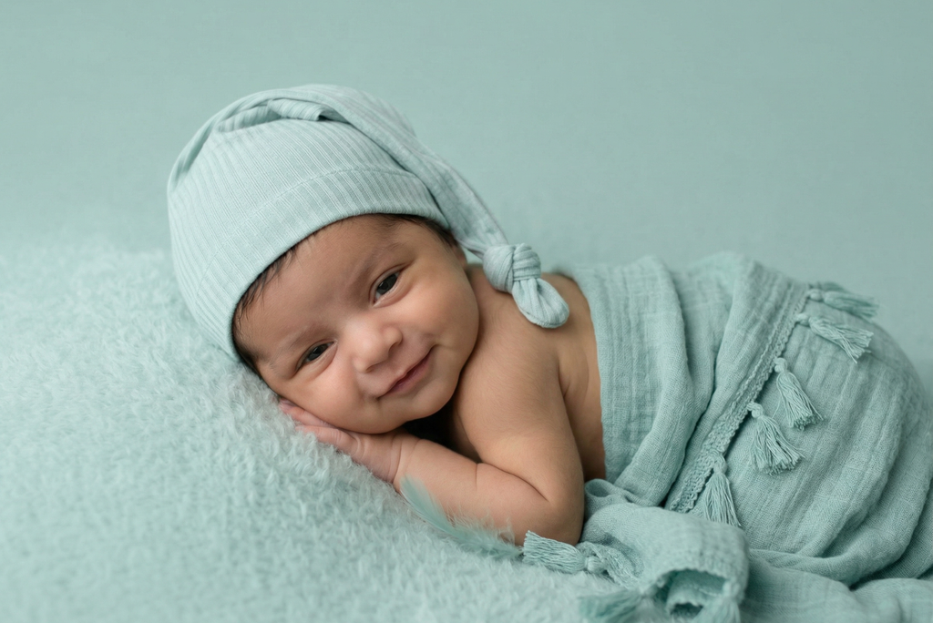 Newborn baby wrapped in a light green blanket and headband on a matching background