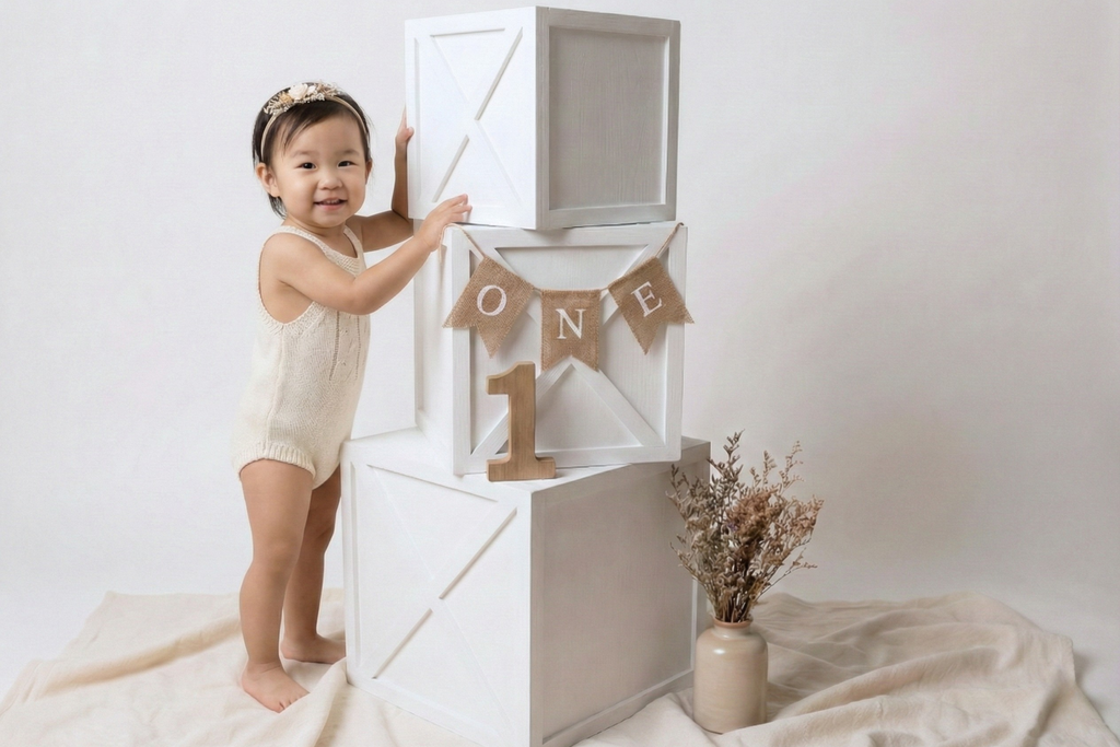 Smiling one-year-old beside white cake smash boxes, stacked neatly as a newborn photography props with rustic “one” banner. Milestone session props