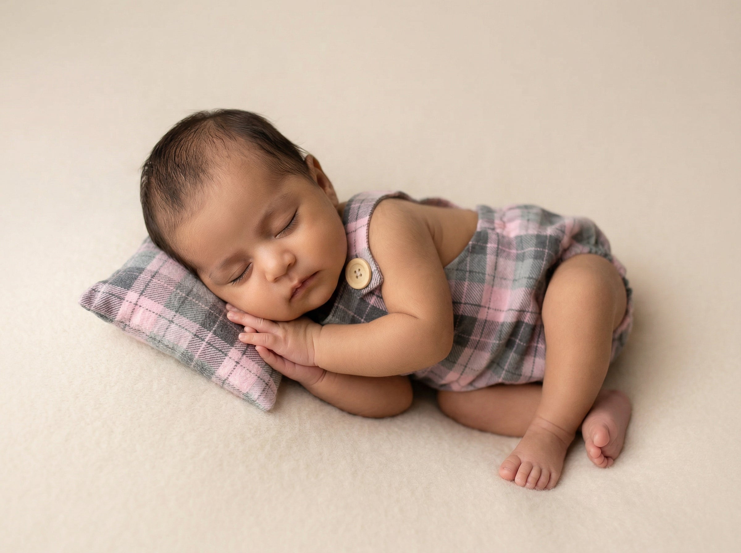 Sleeping newborn in pastel plaid outfit on matching pillow, newborn photography prop set in soft neutral tones.
