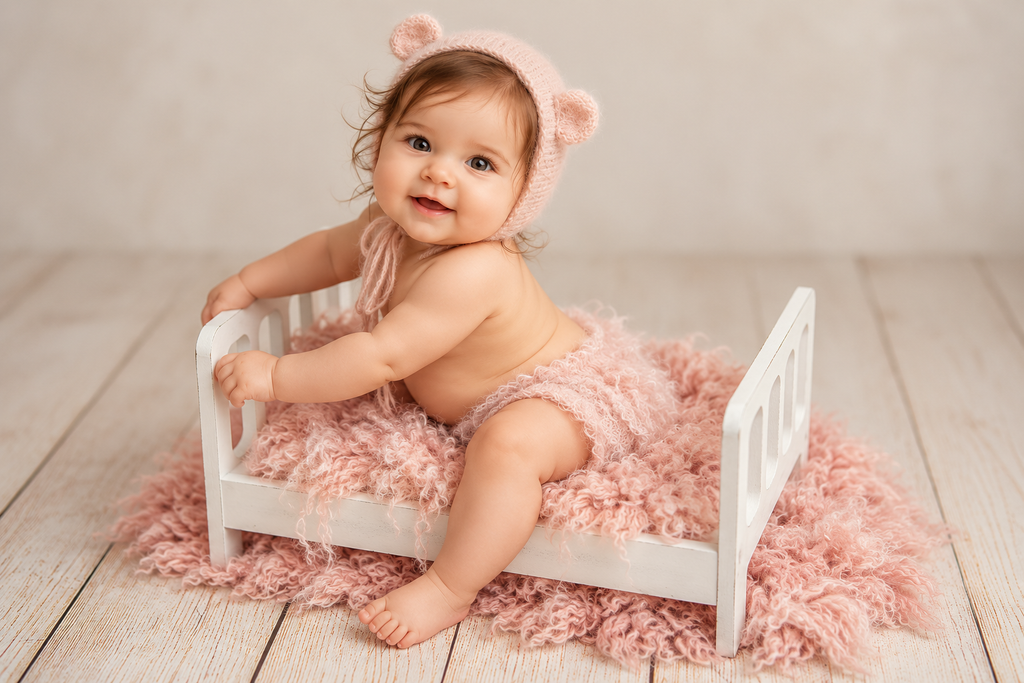 Smiling baby in pink bear bonnet on white rustic bed newborn photography prop with curved spindles.
