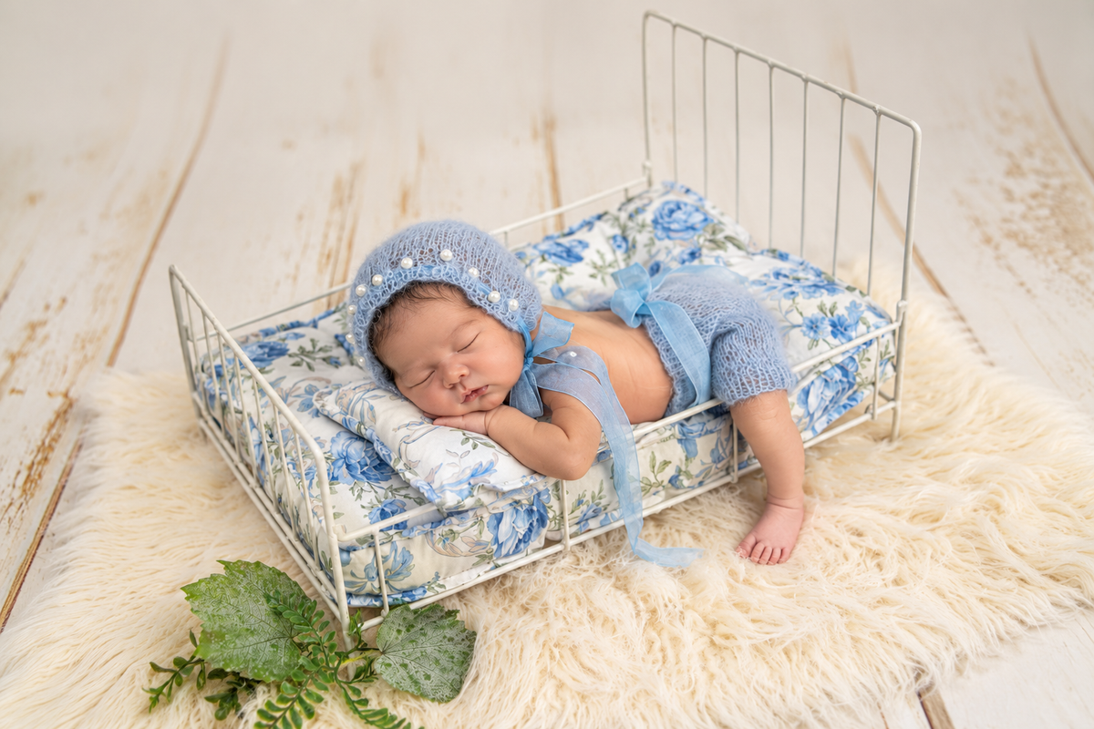 White vintage metal newborn photography bed prop with blue floral mattress and sleeping baby girl wearing a blue knit outfit and bonnet.