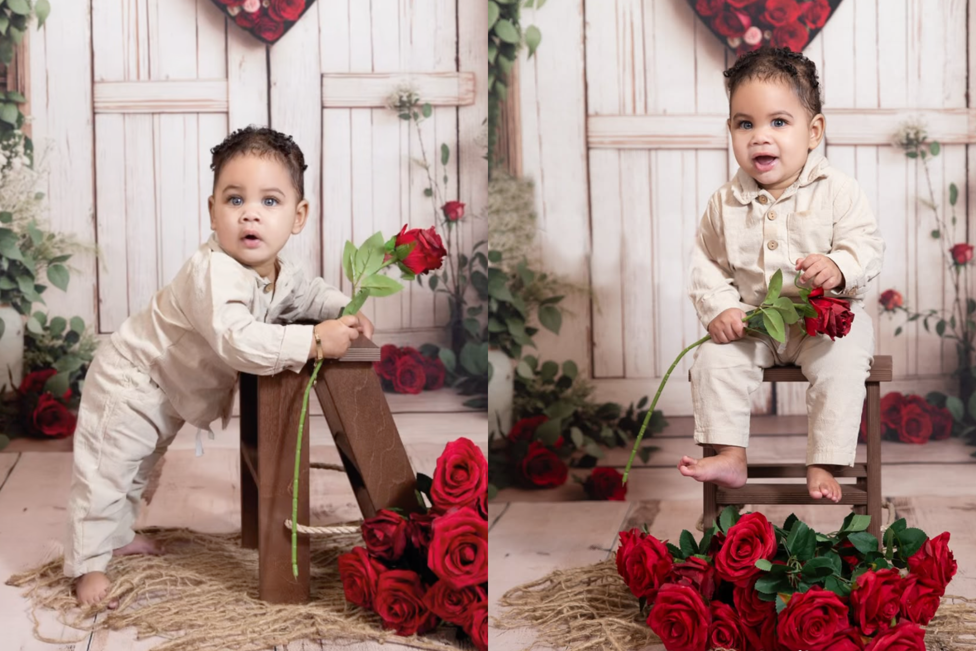 Rustic wooden step ladder mini used as a newborn photography prop in a charming Valentine’s-themed setup. A baby in a neutral beige outfit holds a red rose, posing with the wooden prop against a white barn door backdrop adorned with heart-shaped floral decor. The scene is completed with red roses and woven textures, creating a warm, romantic feel.